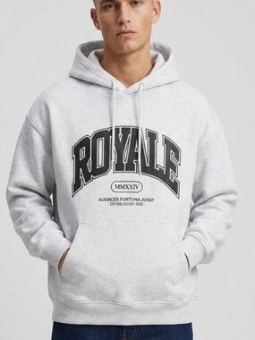 H&M Men Loose Fit Royale MMXXIV Graphic Hoodie Light Grey Size XS